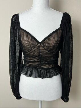 Jily White Black Sheer Mesh Ruched Peplum Crop Top XS Fairy Grunge Goth Romantic